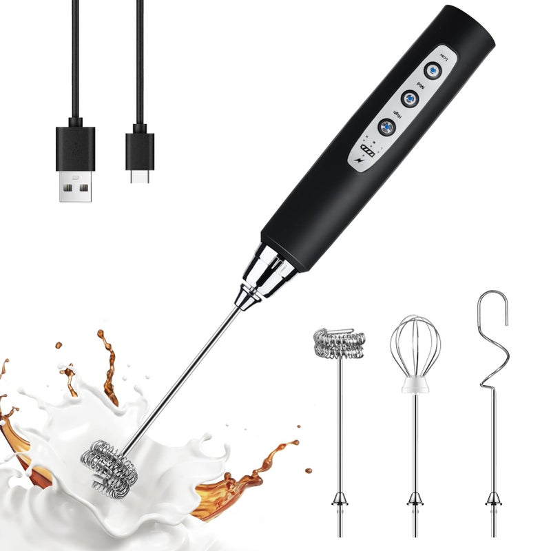 YUSWKO Black Handheld Milk Frother Wand for Coffee Rechargeable Electric Whisk with 3 Heads 3 Speeds Drink Mixer Coffee Frother For Latte Cappuccino Hot Chocolate Egg