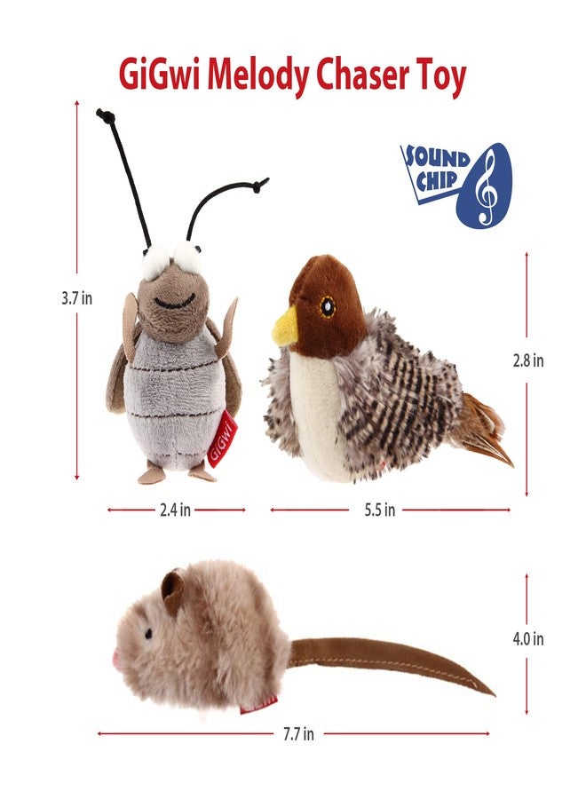 Gigwi Interactive Toy Set for Indoor Cats - 3PCS Plush Pack Including Squeaky Feather, Mouse Hunt, Chase Bird, and Chirping Cricket Toys - Image 4