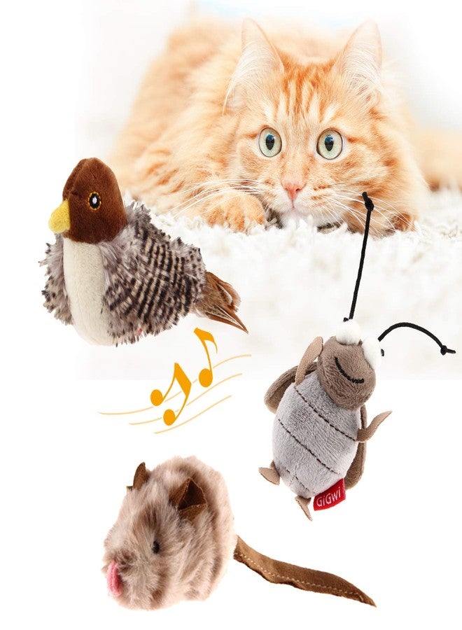 Gigwi Interactive Toy Set for Indoor Cats - 3PCS Plush Pack Including Squeaky Feather, Mouse Hunt, Chase Bird, and Chirping Cricket Toys - Image 1