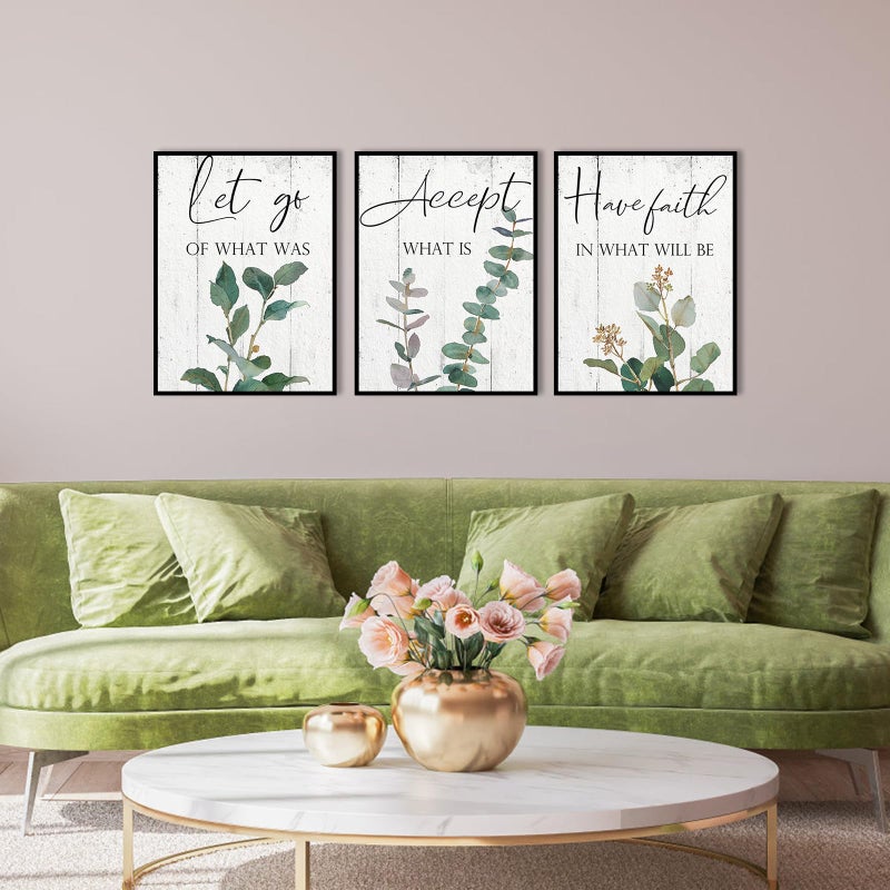 1 KINGO Inspirational Wall Art Office Decor: 3 Piece Motivational Quotes Wall Art 12""x16"" Accept Let Go Have Faith Wall Decor for Office Eucalyptus Pictures Framed Hanging Inspirational Posters for Bedroom - Image 4