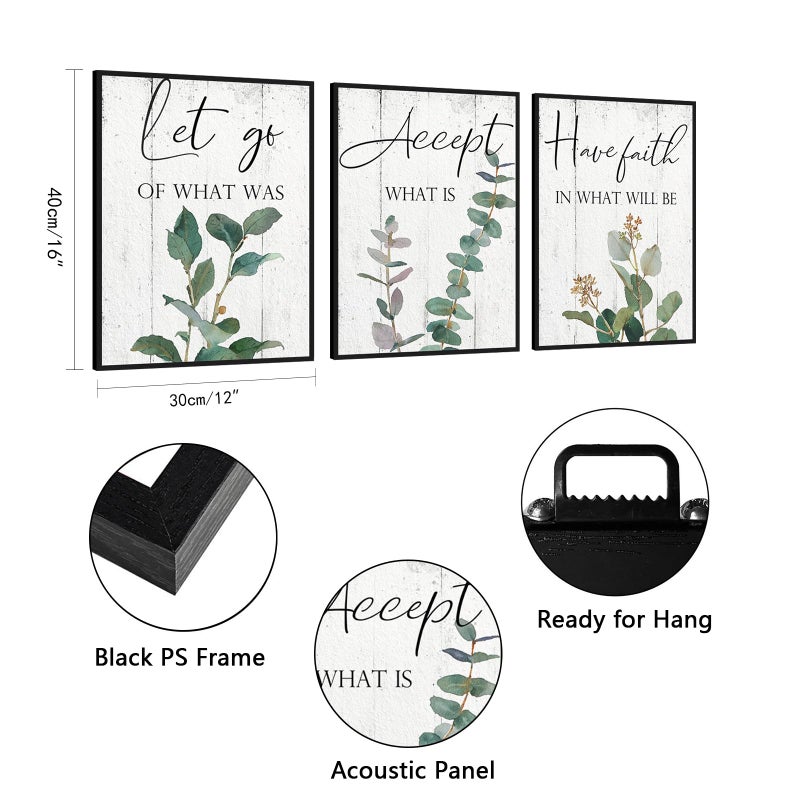1 KINGO Inspirational Wall Art Office Decor: 3 Piece Motivational Quotes Wall Art 12""x16"" Accept Let Go Have Faith Wall Decor for Office Eucalyptus Pictures Framed Hanging Inspirational Posters for Bedroom - Image 3