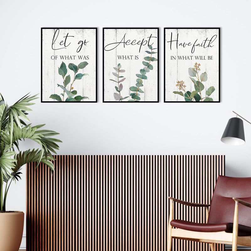 1 KINGO Inspirational Wall Art Office Decor: 3 Piece Motivational Quotes Wall Art 12""x16"" Accept Let Go Have Faith Wall Decor for Office Eucalyptus Pictures Framed Hanging Inspirational Posters for Bedroom - Image 1