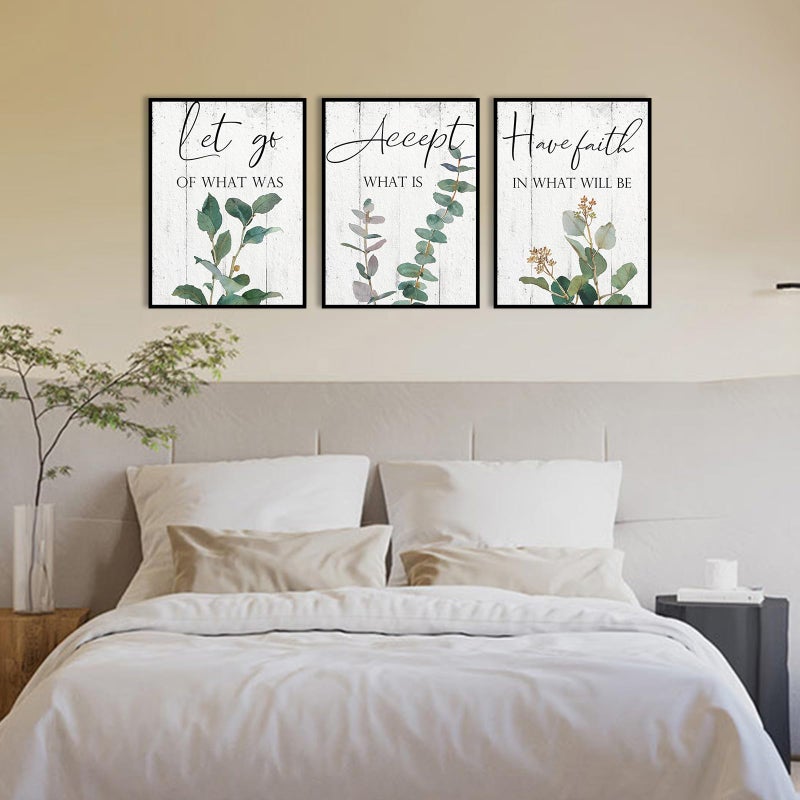 1 KINGO Inspirational Wall Art Office Decor: 3 Piece Motivational Quotes Wall Art 12""x16"" Accept Let Go Have Faith Wall Decor for Office Eucalyptus Pictures Framed Hanging Inspirational Posters for Bedroom - Image 2