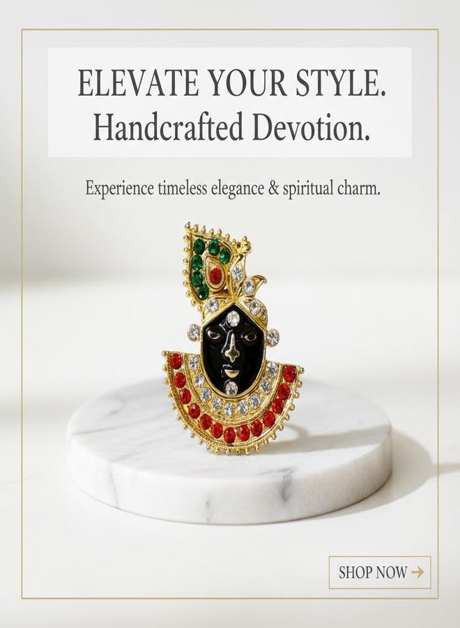 SRC CREATIONS SHRINATH JI Face Brooch, Gold-Plated Metal with Black Enamel, Red and Green Stones, 38x45mm - Image 4
