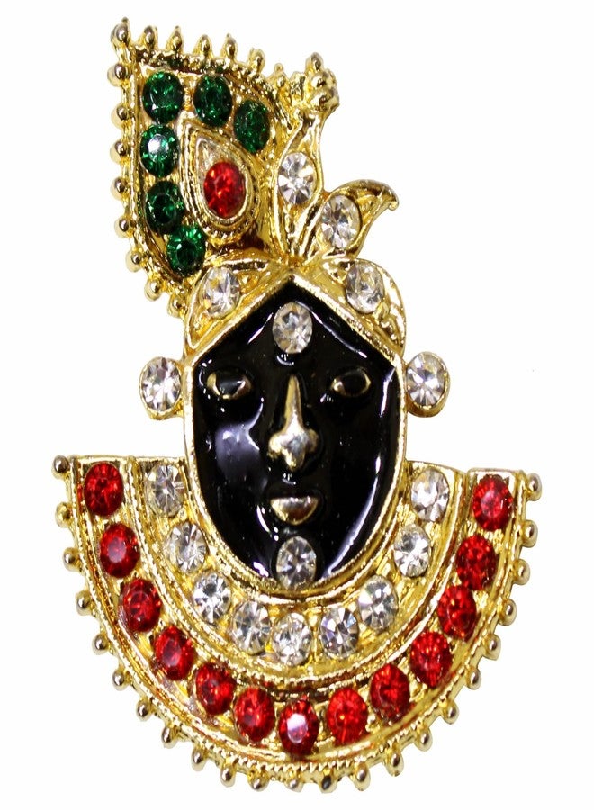SRC CREATIONS SHRINATH JI Face Brooch, Gold-Plated Metal with Black Enamel, Red and Green Stones, 38x45mm - Image 1