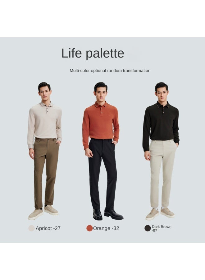Goldlion Contains Wool】 Men's Long Sleeve T-shirt Textured Business Casual Polo Shirt For Men - Image 3
