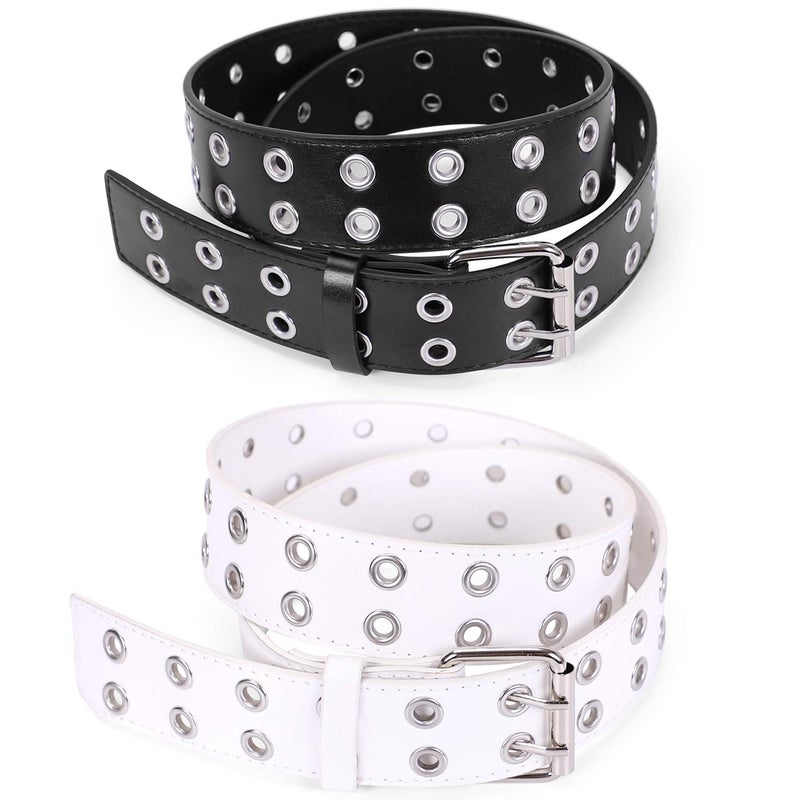 WHIPPY Double Grommet Belt for Women Men PU Leather Vintage Punk Rock Jeans Belts Double Prong Buckle Eyelet Belt (White, XL) - Image 1