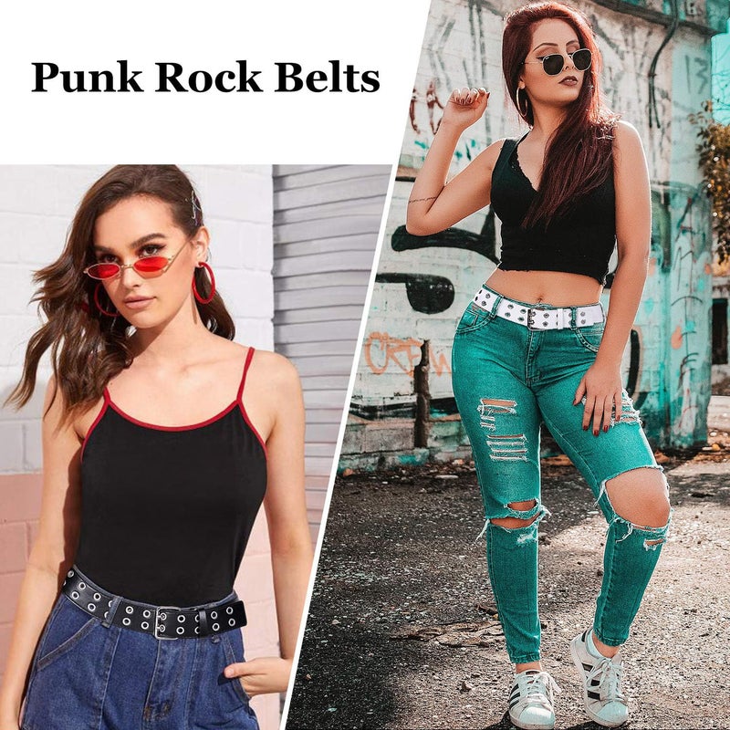 WHIPPY Double Grommet Belt for Women Men PU Leather Vintage Punk Rock Jeans Belts Double Prong Buckle Eyelet Belt (White, XL) - Image 3