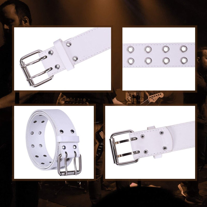 WHIPPY Double Grommet Belt for Women Men PU Leather Vintage Punk Rock Jeans Belts Double Prong Buckle Eyelet Belt (White, XL) - Image 5
