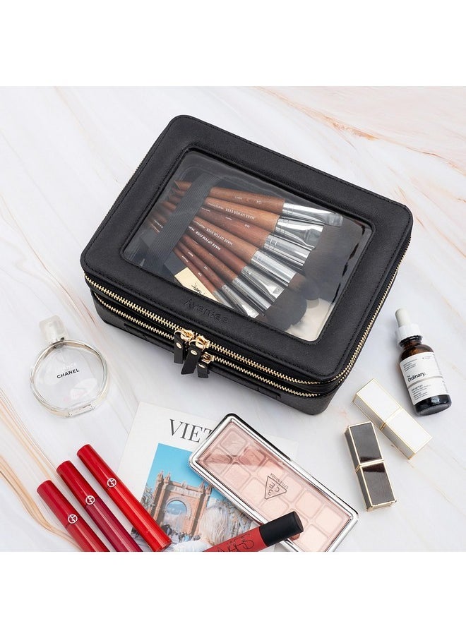 Aveniee - Clear Makeup Bags, Double Layer Cosmetic Bags With A Separate Brush Compartment, Travel Toiletry Bag Train Case For Women, Travel Accessories Organizer For Purse(2 Layers Large, Black) - Image 1