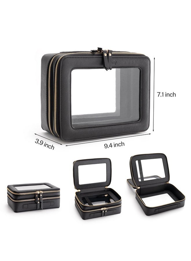 Aveniee - Clear Makeup Bags, Double Layer Cosmetic Bags With A Separate Brush Compartment, Travel Toiletry Bag Train Case For Women, Travel Accessories Organizer For Purse(2 Layers Large, Black) - Image 1