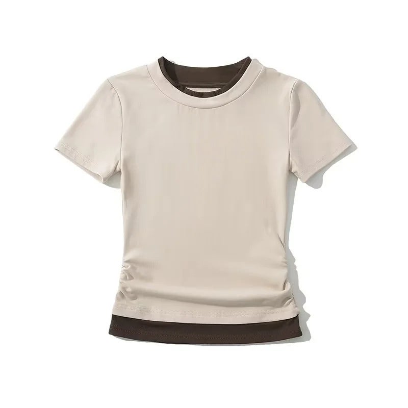 College style fresh sweet western style age-reducing fake two-piece T-shirt temperament contrast color design short inner wear for women - Image 1