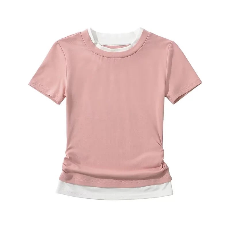 College style fresh sweet western style age-reducing fake two-piece T-shirt temperament contrast color design short inner wear for women - Image 5