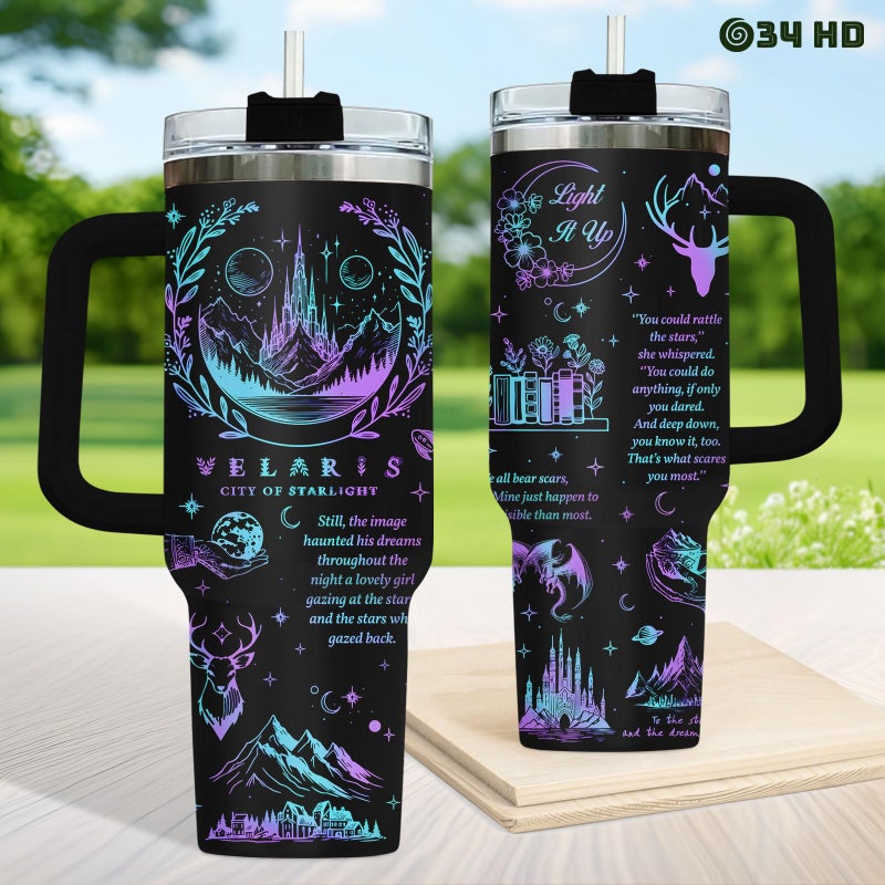 34HD Starlight Fantasy Tumbler 40oz with Handle and Straw, Celestial City Night Sky Mountains Deer Dragon Insulated Travel Coffee Mug, Bookish Items for Book Lovers - Birthday Present to Men & Women - Image 5