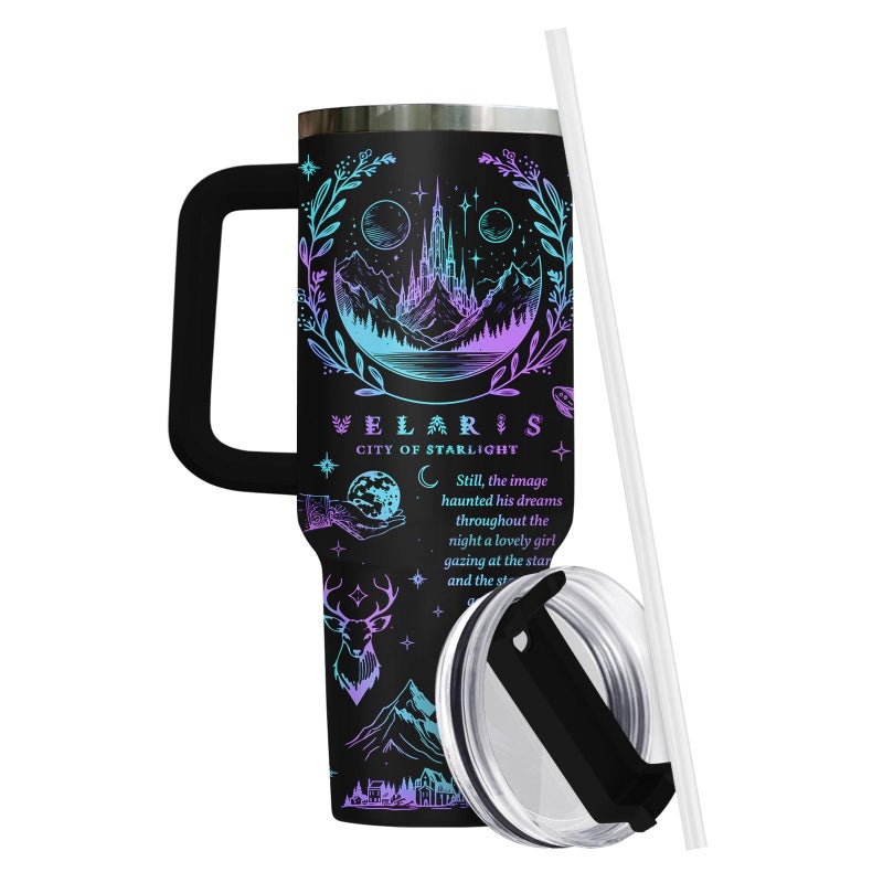 34HD Starlight Fantasy Tumbler 40oz with Handle and Straw, Celestial City Night Sky Mountains Deer Dragon Insulated Travel Coffee Mug, Bookish Items for Book Lovers - Birthday Present to Men & Women - Image 3