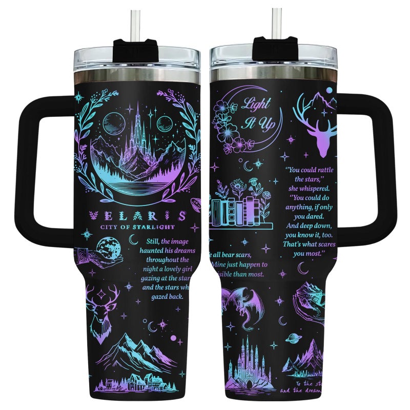 34HD Starlight Fantasy Tumbler 40oz with Handle and Straw, Celestial City Night Sky Mountains Deer Dragon Insulated Travel Coffee Mug, Bookish Items for Book Lovers - Birthday Present to Men & Women - Image 1