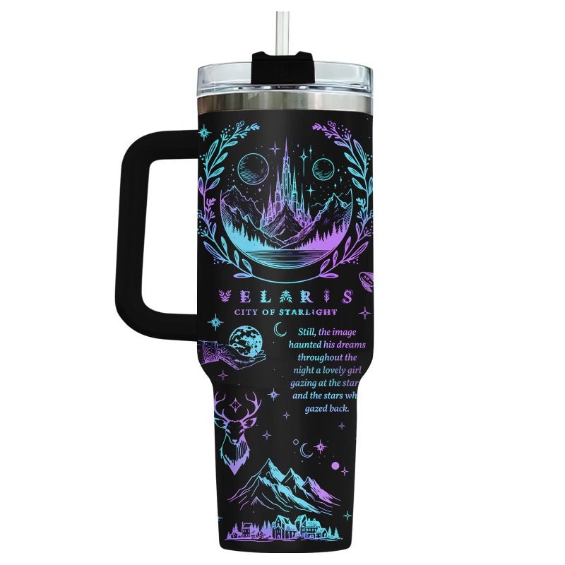 34HD Starlight Fantasy Tumbler 40oz with Handle and Straw, Celestial City Night Sky Mountains Deer Dragon Insulated Travel Coffee Mug, Bookish Items for Book Lovers - Birthday Present to Men & Women - Image 2