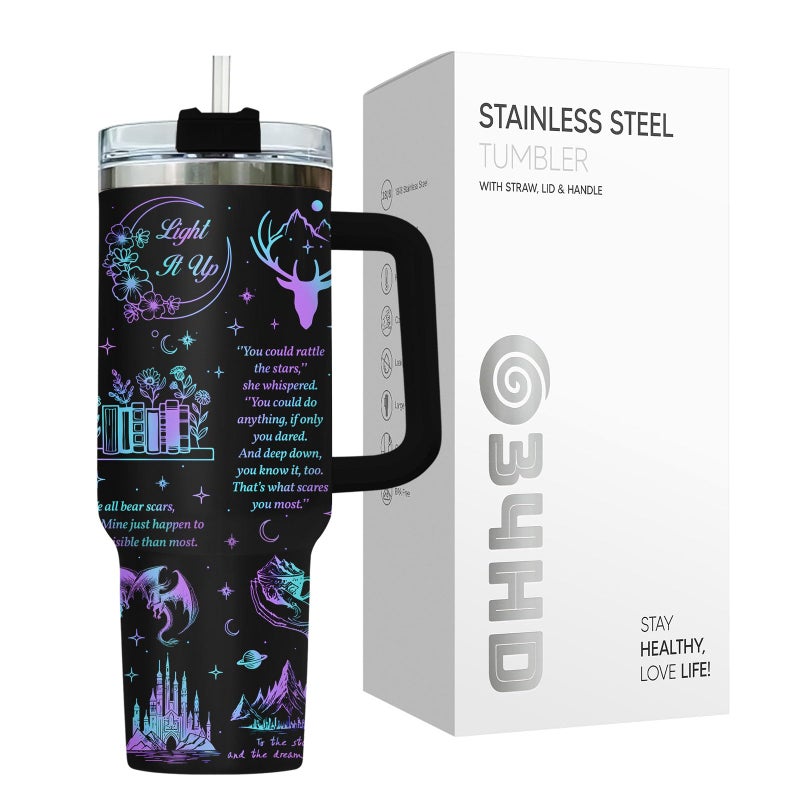 34HD Starlight Fantasy Tumbler 40oz with Handle and Straw, Celestial City Night Sky Mountains Deer Dragon Insulated Travel Coffee Mug, Bookish Items for Book Lovers - Birthday Present to Men & Women - Image 4