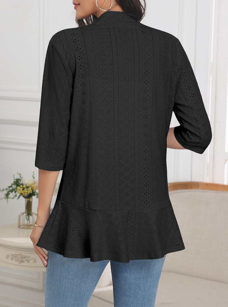 Askyes Women's Casual 3/4 Sleeve Eyelet Cardigan Lightweight Fashion Soft Loose Open Front Work Shrugs Cardigans,Black,M - Image 3