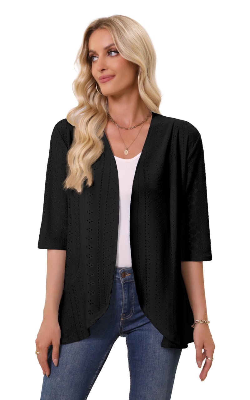 Askyes Women's Casual 3/4 Sleeve Eyelet Cardigan Lightweight Fashion Soft Loose Open Front Work Shrugs Cardigans,Black,M - Image 4