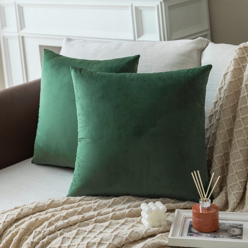 Colormz مجموعة Colormz من 2 Hunter Green Colored Velvet Throw Convel Cover Cover Cozy Soft Pillow Factions for Sofa Couch Bed وغرفة المعيشة - 20 "x20" - Image 1