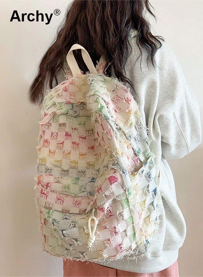 Archy Gradient Color Checkered Schoolbag for Girl Large Capacity Multiple Compartments Canvas Backpack - Image 2