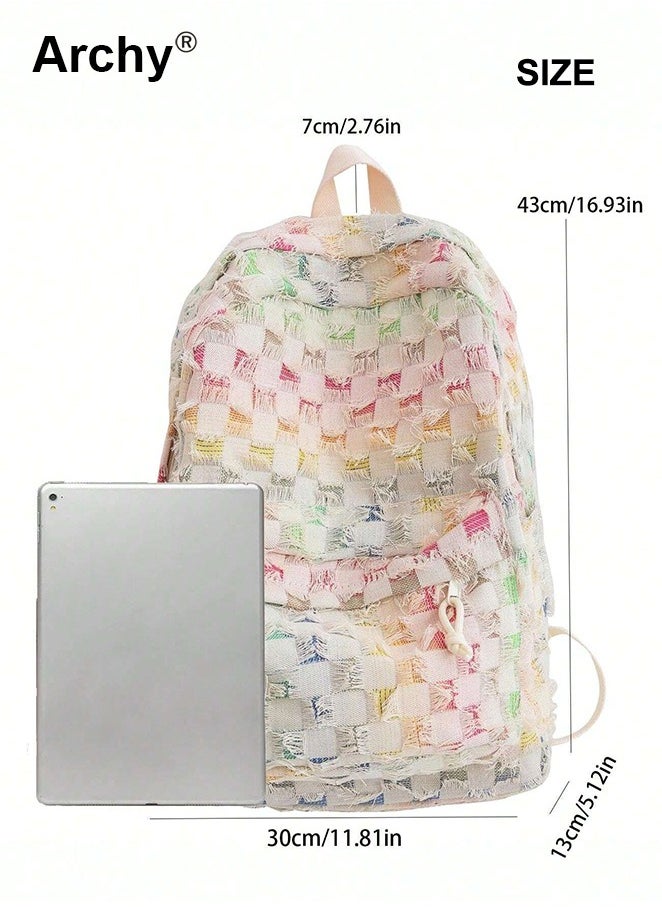 Archy - Gradient Color Checkered Schoolbag for Girl Large Capacity Multiple Compartments Canvas Backpack - Image 1