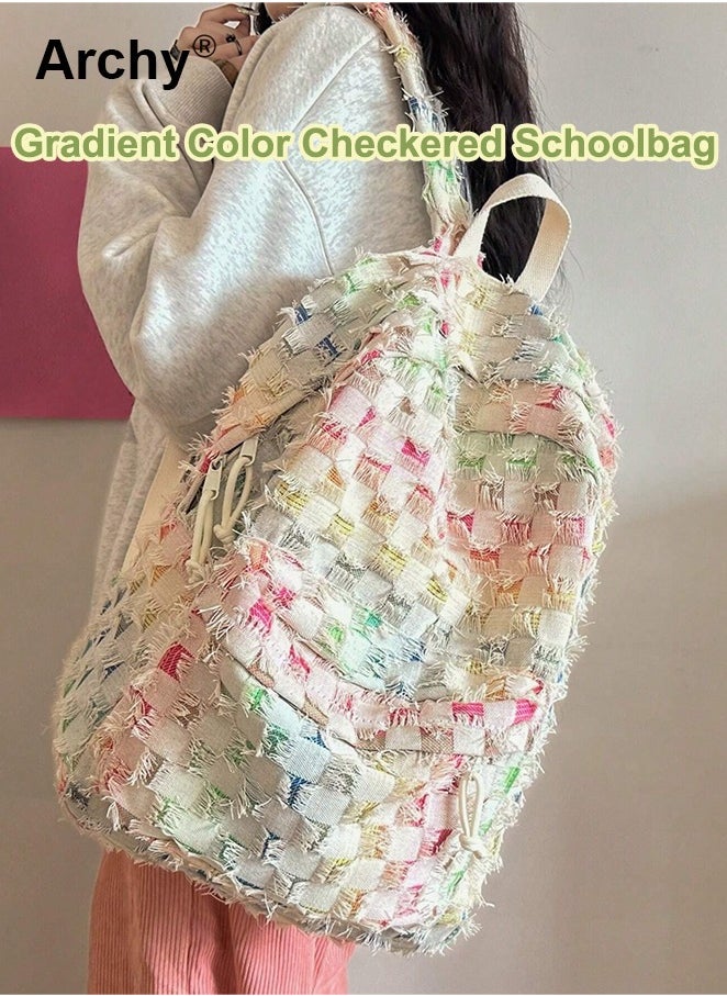 Archy - Gradient Color Checkered Schoolbag for Girl Large Capacity Multiple Compartments Canvas Backpack - Image 1
