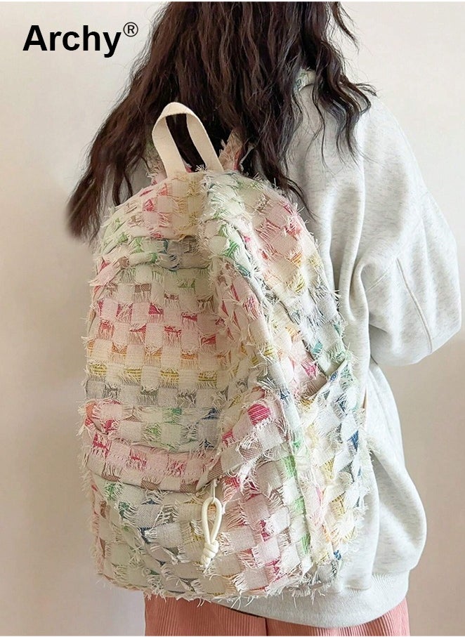 Archy - Gradient Color Checkered Schoolbag for Girl Large Capacity Multiple Compartments Canvas Backpack - Image 1