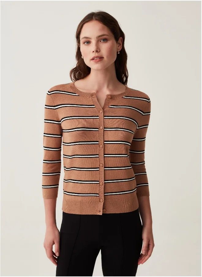 او في اس Ovs Striped Cardigan With Three-Quarter Sleeves