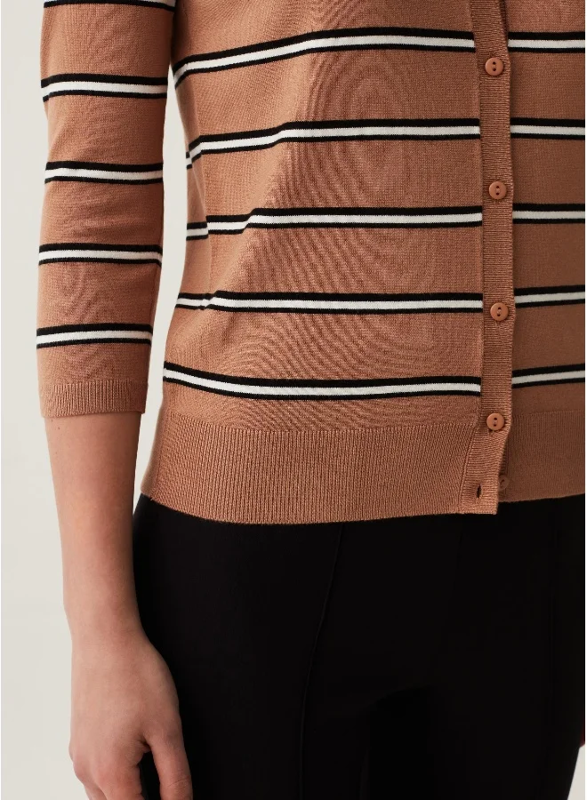 او في اس Ovs Striped Cardigan With Three-Quarter Sleeves
