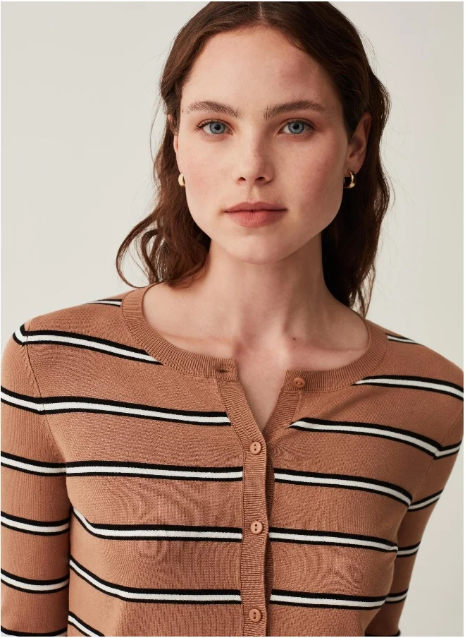 او في اس Ovs Striped Cardigan With Three-Quarter Sleeves