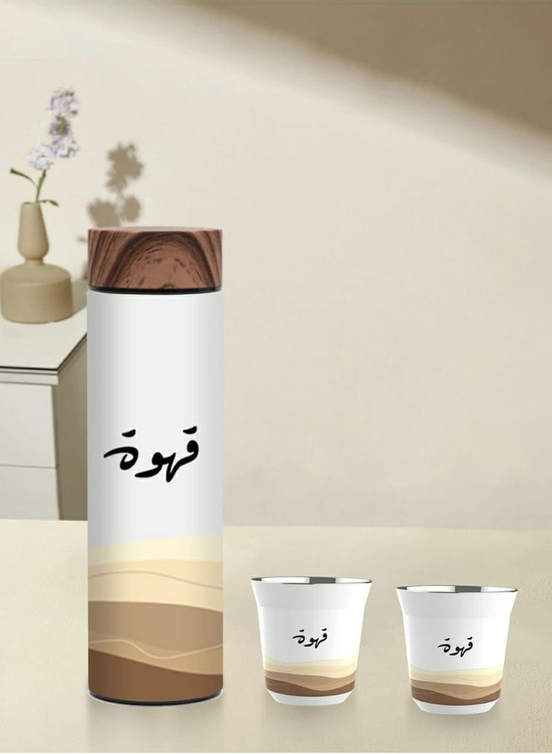 Arabic Coffee Bottle With 2 Cups Set，Coffee Travel Mug Tumbler ， Stainless Steel Vacuum Insulated Thermos Cup with Spill Proof Lid,(500ml) (Half White) - Image 2