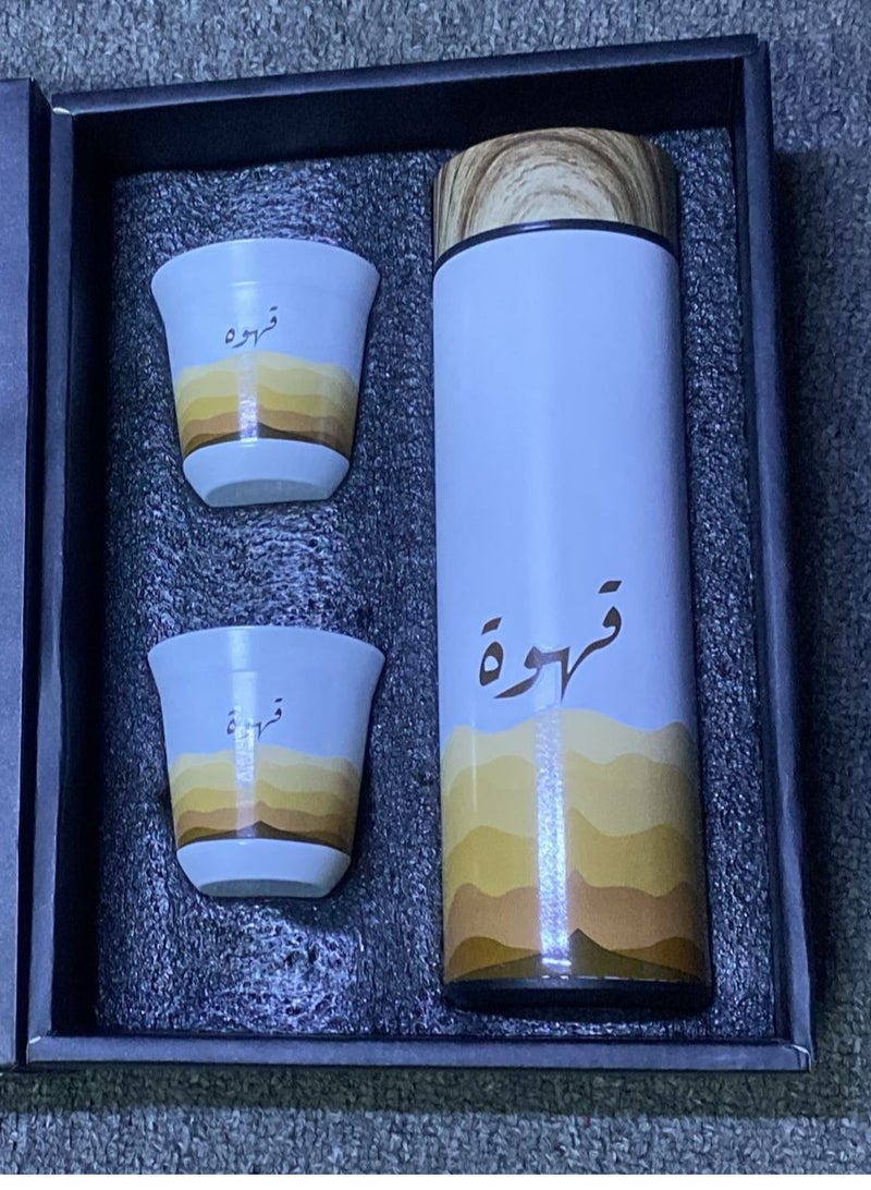 Arabic Coffee Bottle With 2 Cups Set，Coffee Travel Mug Tumbler ， Stainless Steel Vacuum Insulated Thermos Cup with Spill Proof Lid,(500ml) (Half White) - Image 3