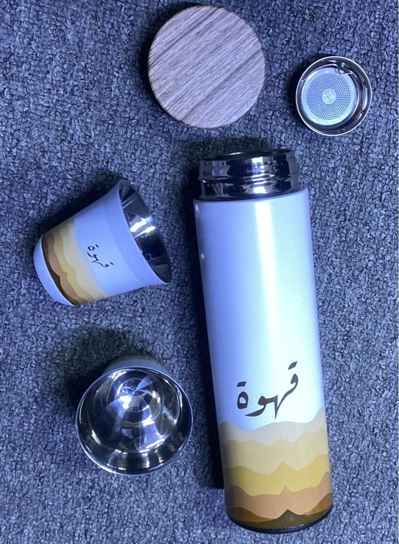 Arabic Coffee Bottle With 2 Cups Set，Coffee Travel Mug Tumbler ， Stainless Steel Vacuum Insulated Thermos Cup with Spill Proof Lid,(500ml) (Half White) - Image 4