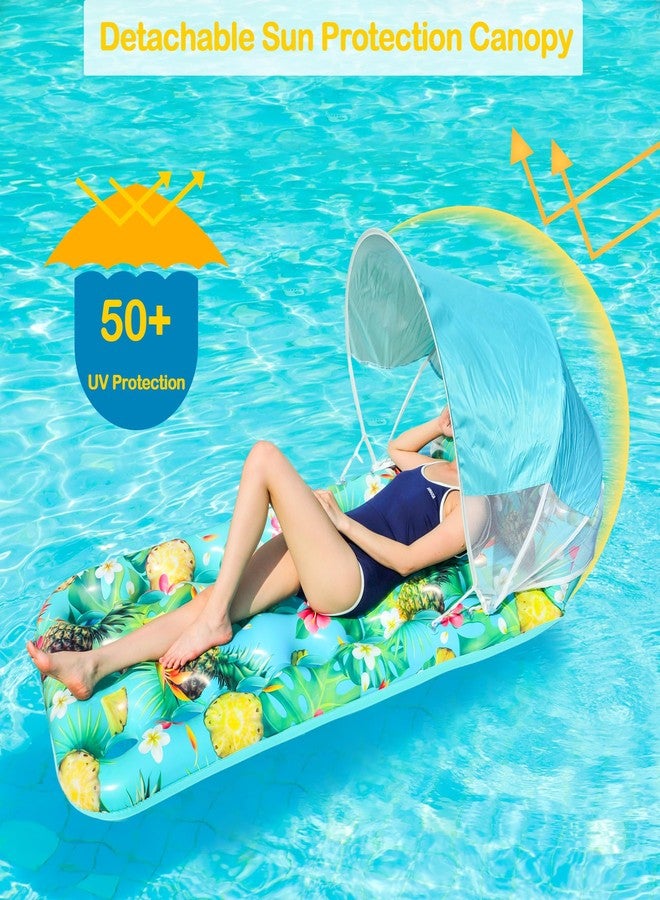 FindUWill Pool Floats with Canopy Adults - 2 Pack XL Pool Floats with Headrest, Removable Shade, Inflatable Pool Floaties Beach Pool Accessories for Adult (Green Pineapple & Blue Fern) - Image 2