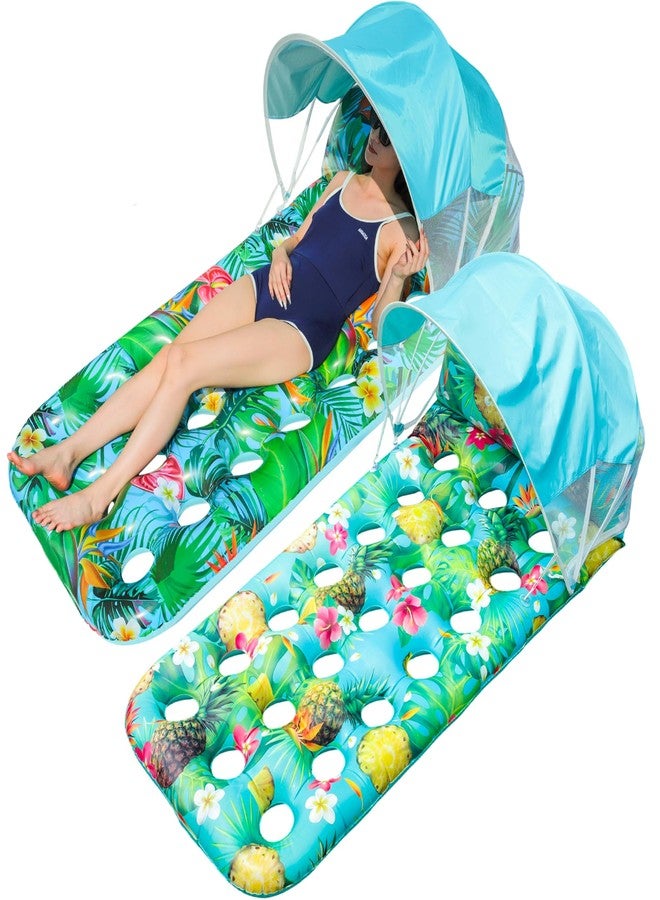 FindUWill Pool Floats with Canopy Adults - 2 Pack XL Pool Floats with Headrest, Removable Shade, Inflatable Pool Floaties Beach Pool Accessories for Adult (Green Pineapple & Blue Fern) - Image 1