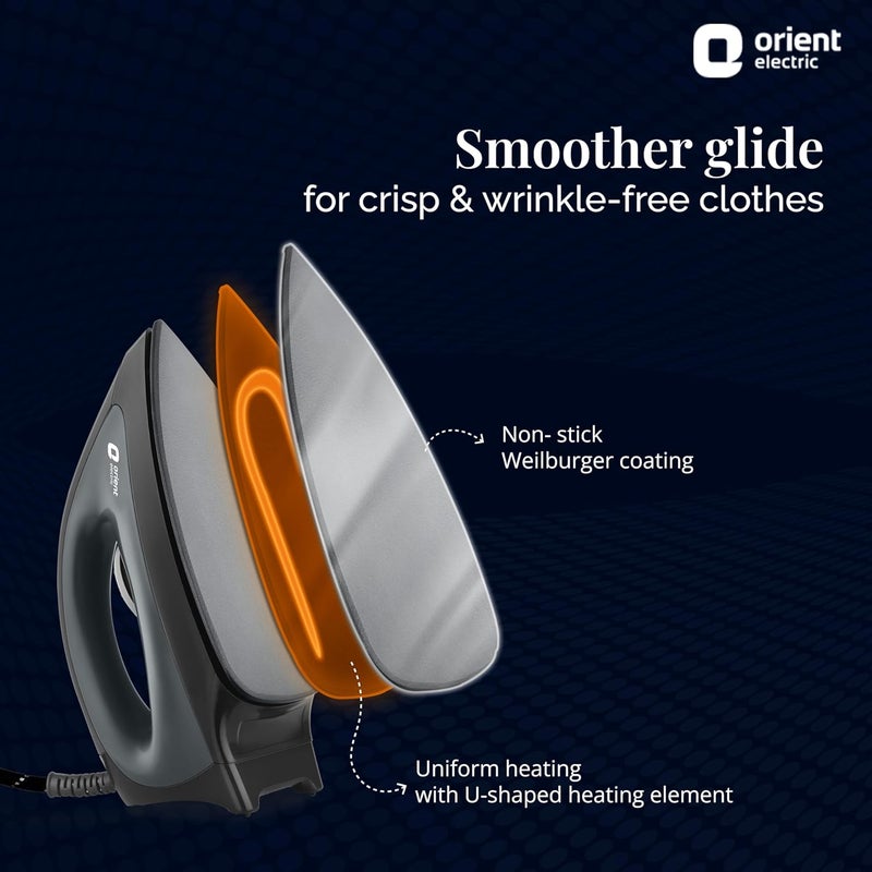 Orient Electric Gusto Heavy Weight Iron for Clothes | 1100 Power | Cool Touch Plastic Body | with Wielburger Non-Stick Coating| 2 Years Replacement Warranty - Image 5