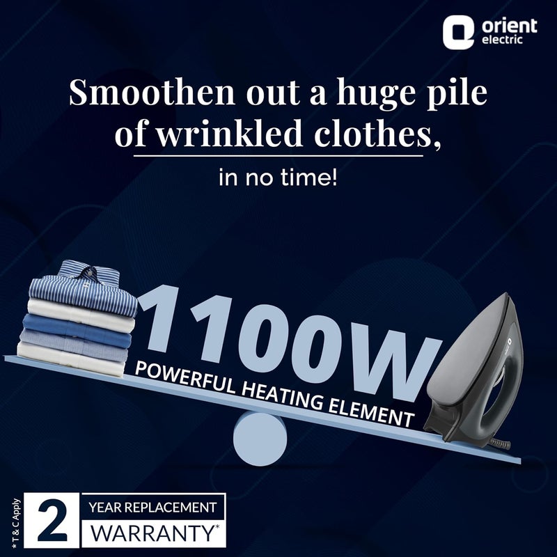 Orient Electric Gusto Heavy Weight Iron for Clothes | 1100 Power | Cool Touch Plastic Body | with Wielburger Non-Stick Coating| 2 Years Replacement Warranty - Image 2