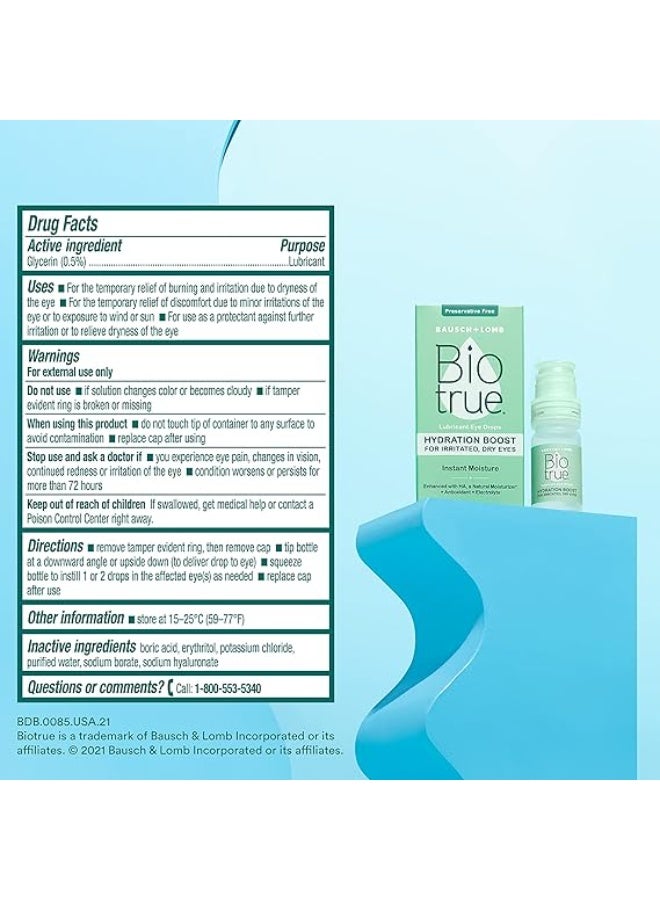 Bausch + Lomb Biotrue Hydration Boost, Preservative-Free Eye Drops for Dry Eyes, Instantly Moisturizes, Rehydrates, Contact Lens Friendly, Refresh & Relieve Eye Irritation, 0.33 FL Oz (Pack of 2) - Image 2