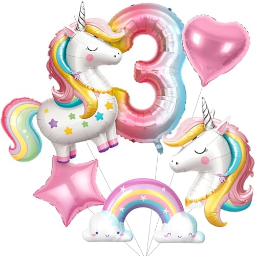 SNLN Unicorn 3rd Birthday Party Decorations for Girls Large Self Standing 3D Unicorn Foil Balloons with Rainbow Heart Star Balloons Wedding Baby Shower Pink Party Supplies number 3 set - Image 1