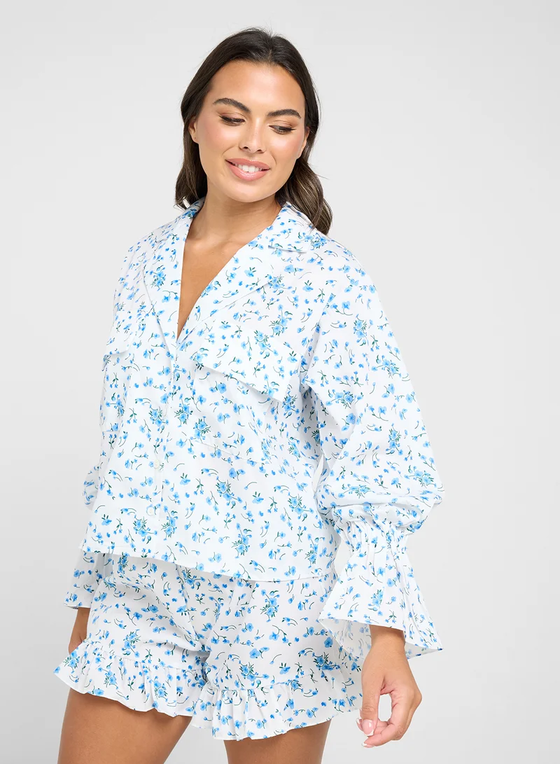 Ginger Floral Print Button Down Shirt & Short Pj Set