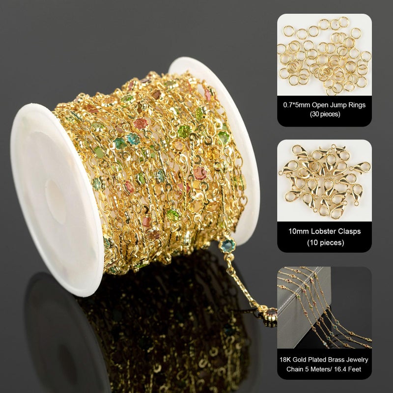 YOUBEIYEE 16.4 Feet Colorful Crystal Chain for Jewelry Making 18K Gold Plated Brass Jewelry Chains Bulk Light Gold Bar Chain Link Necklace Bracelet DIY for Women - Image 2