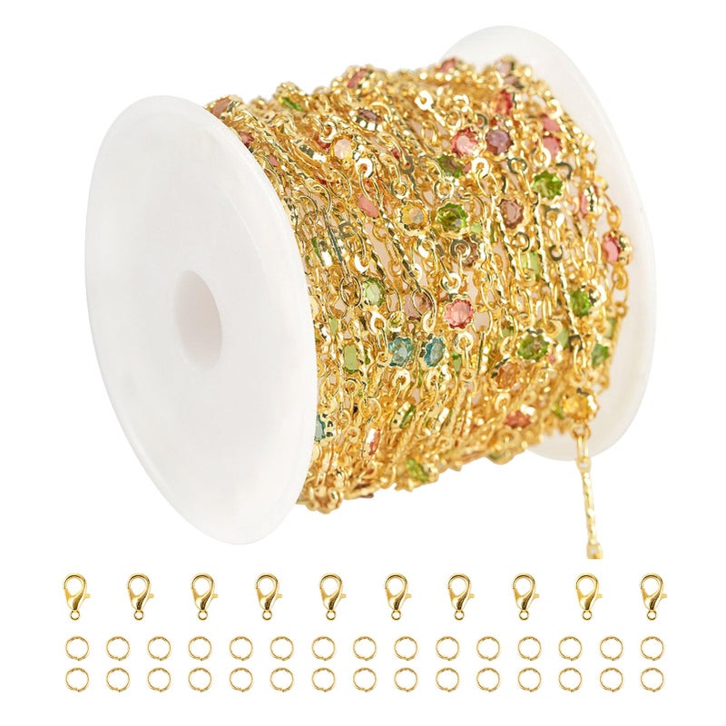 YOUBEIYEE 16.4 Feet Colorful Crystal Chain for Jewelry Making 18K Gold Plated Brass Jewelry Chains Bulk Light Gold Bar Chain Link Necklace Bracelet DIY for Women - Image 1