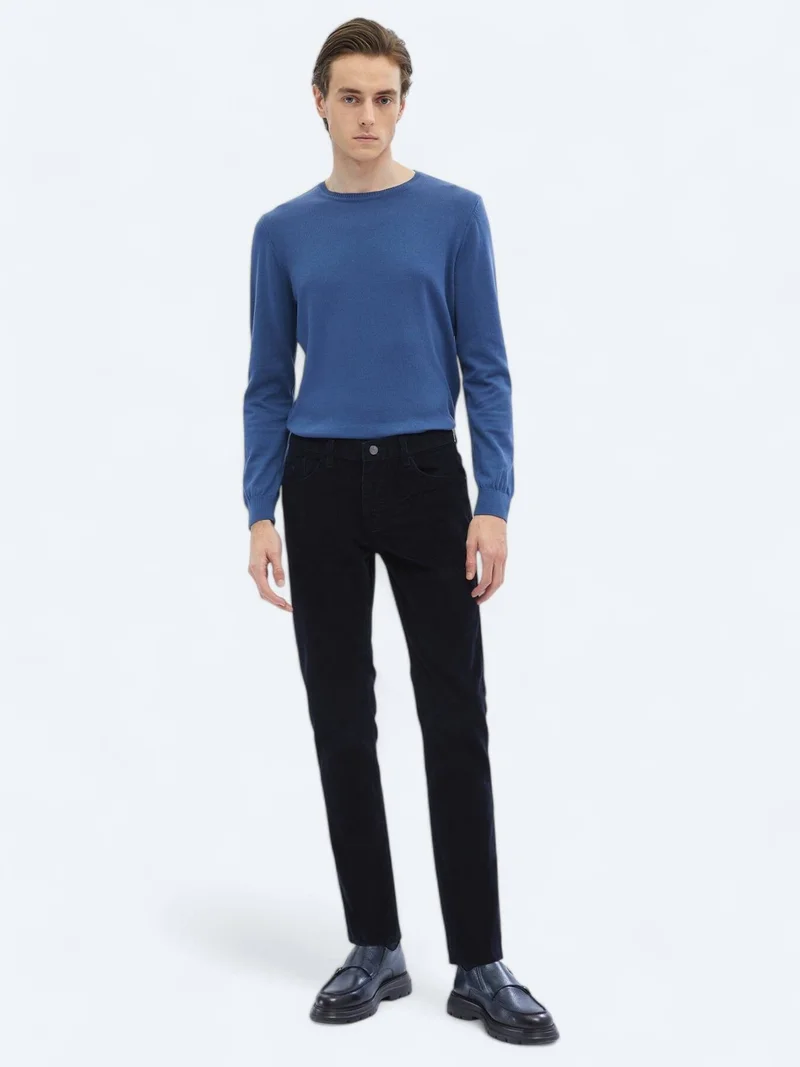 Kip Navy Blue Weaving Slim Fit Casual Cotton Blended Trousers