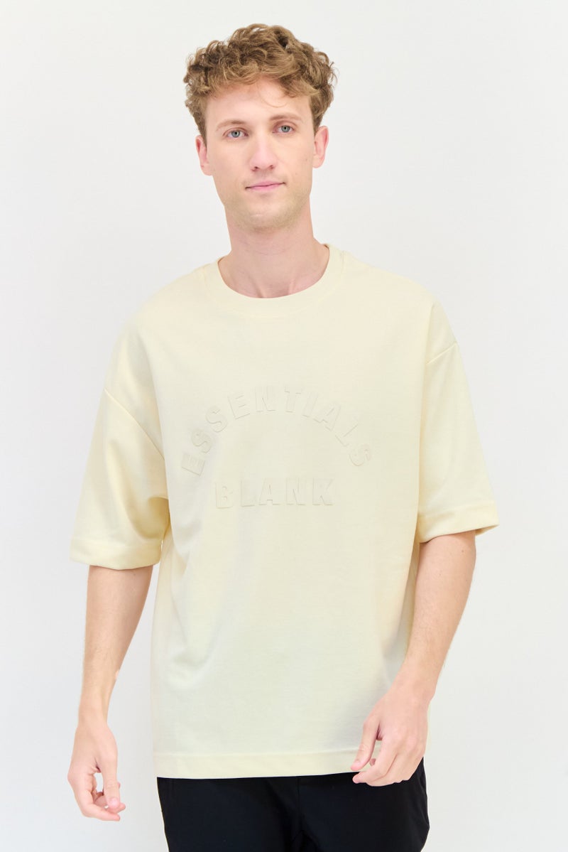 Blank Essentials Men Crew Neck Short Sleeve Brand Logo T-Shirt, Cream - Image 1