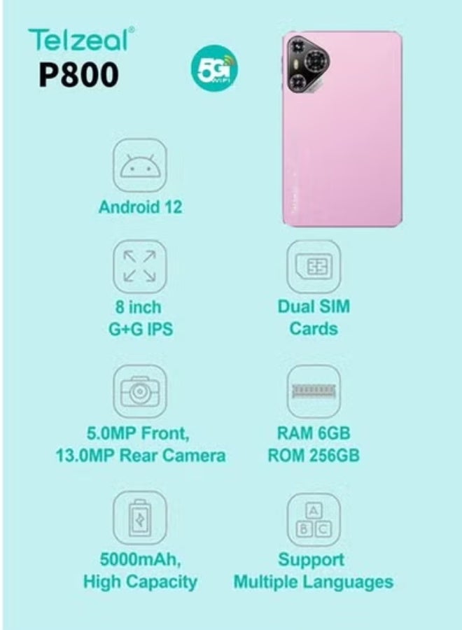 Telzeal P800 8-Inch Android 12 Tablet – 6GB RAM 256GB Storage, Dual SIM 4G LTE + 5G WiFi, 5000mAh Battery, Wireless Keyboard Bundle, Slim Lightweight Portable Tablet – Pink - Image 4