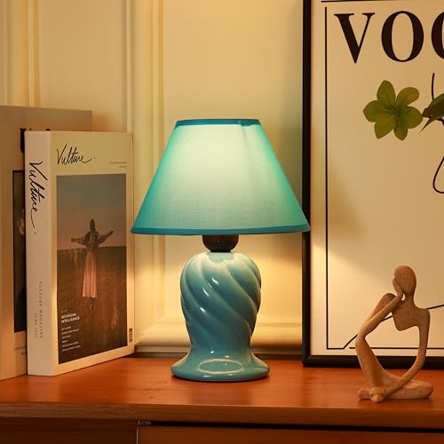 HOME ELEMENTS Modern Ceramic Table Lamp With Fabric Shade, Decorative Night Light For Bedroom Living Room, Home Decor Items, Study Lamp, Reading Desk Lamp, Nightstand Lamp 17.5X25Cm (Blue),Led - Image 1