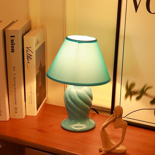 HOME ELEMENTS Modern Ceramic Table Lamp With Fabric Shade, Decorative Night Light For Bedroom Living Room, Home Decor Items, Study Lamp, Reading Desk Lamp, Nightstand Lamp 17.5X25Cm (Blue),Led - Image 3