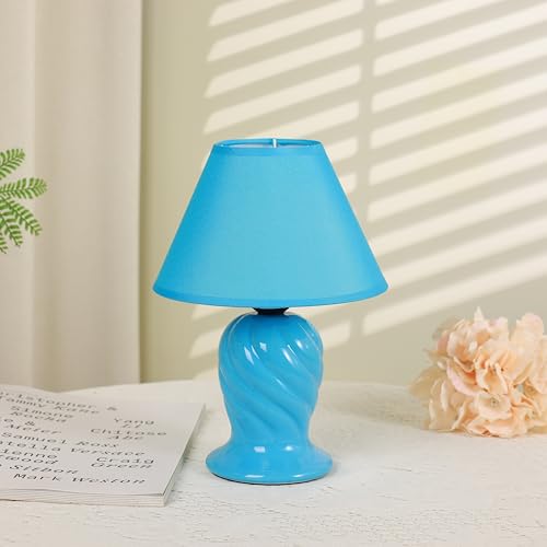 HOME ELEMENTS Modern Ceramic Table Lamp With Fabric Shade, Decorative Night Light For Bedroom Living Room, Home Decor Items, Study Lamp, Reading Desk Lamp, Nightstand Lamp 17.5X25Cm (Blue),Led - Image 2